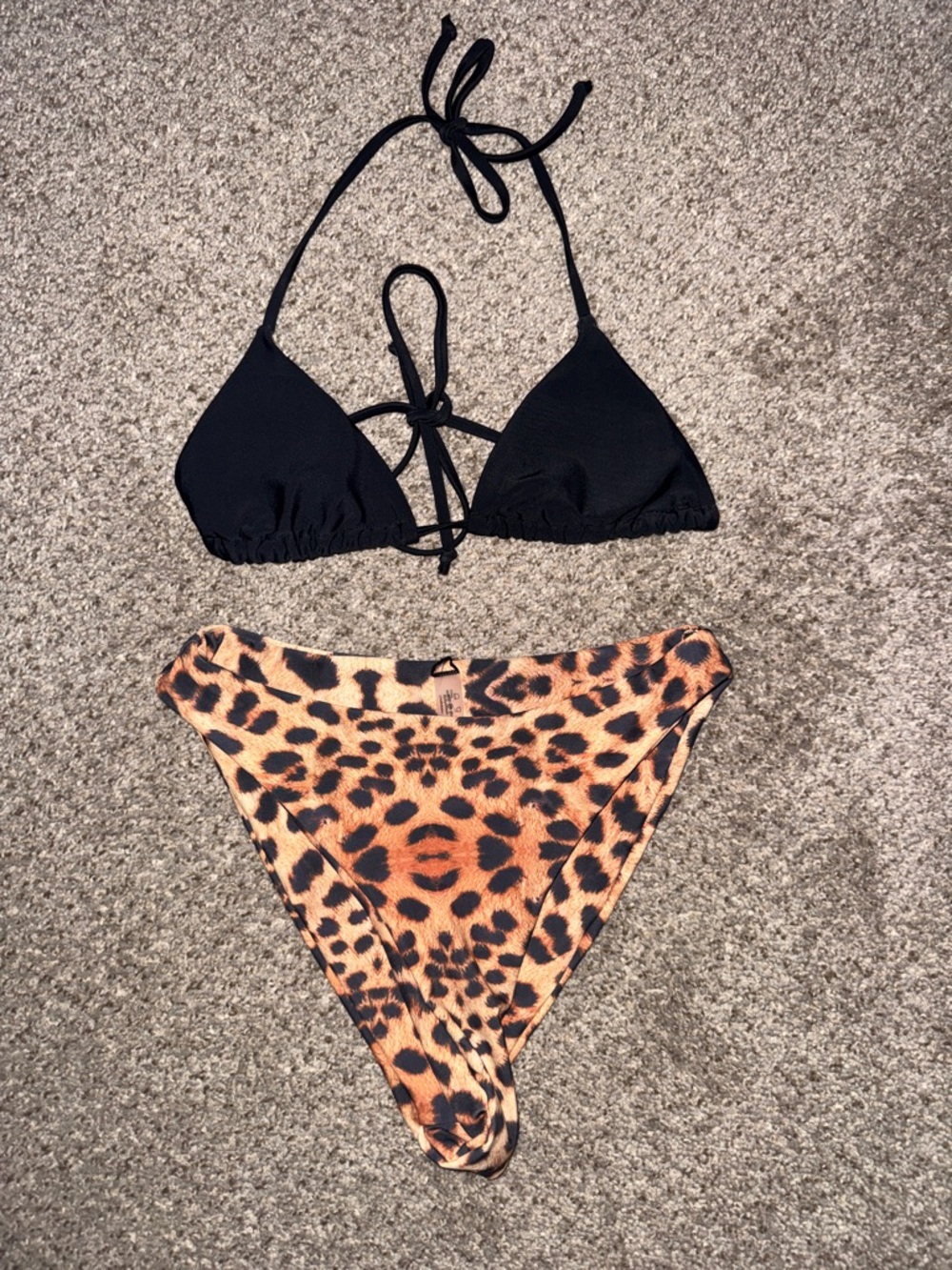 Black Triangle SHEIN Bikini Top with Leopard Print High-Cut zaful Bottoms size s